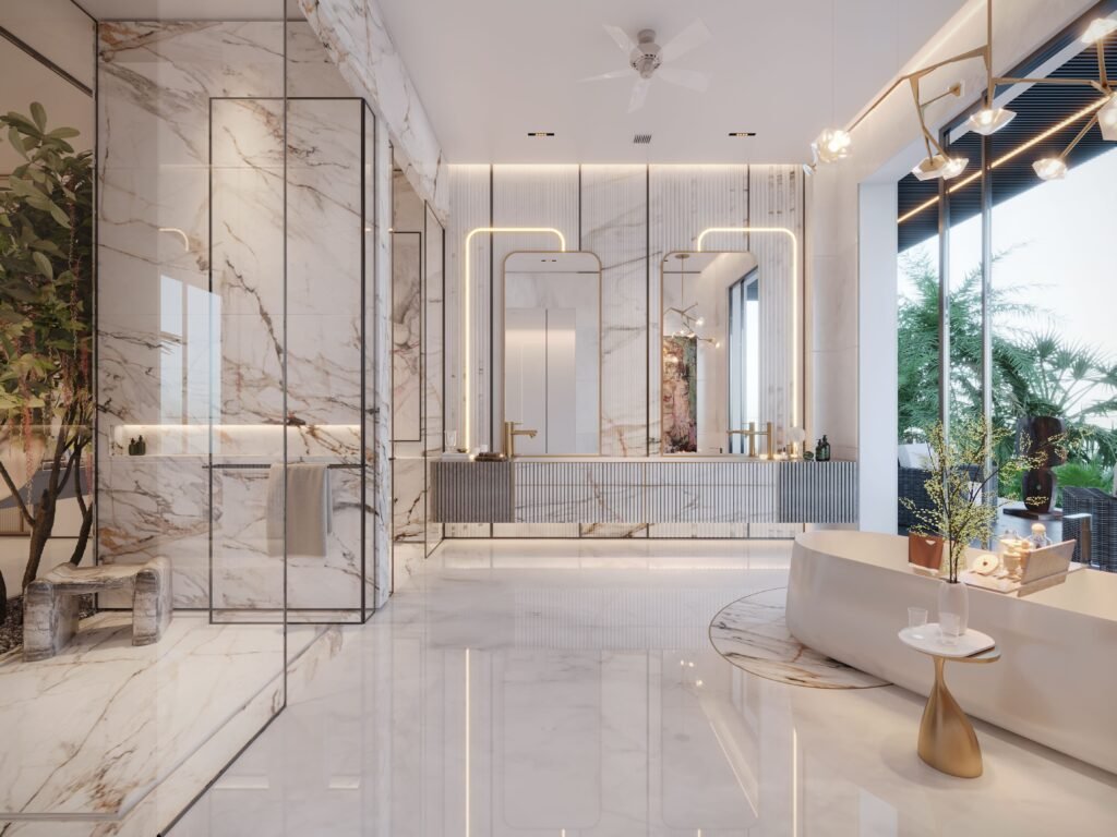Luxury modern bathroom interior with clean white design and soft lighting