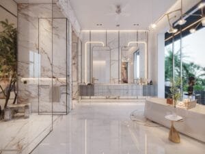 Luxury modern bathroom interior with clean white design and soft lighting