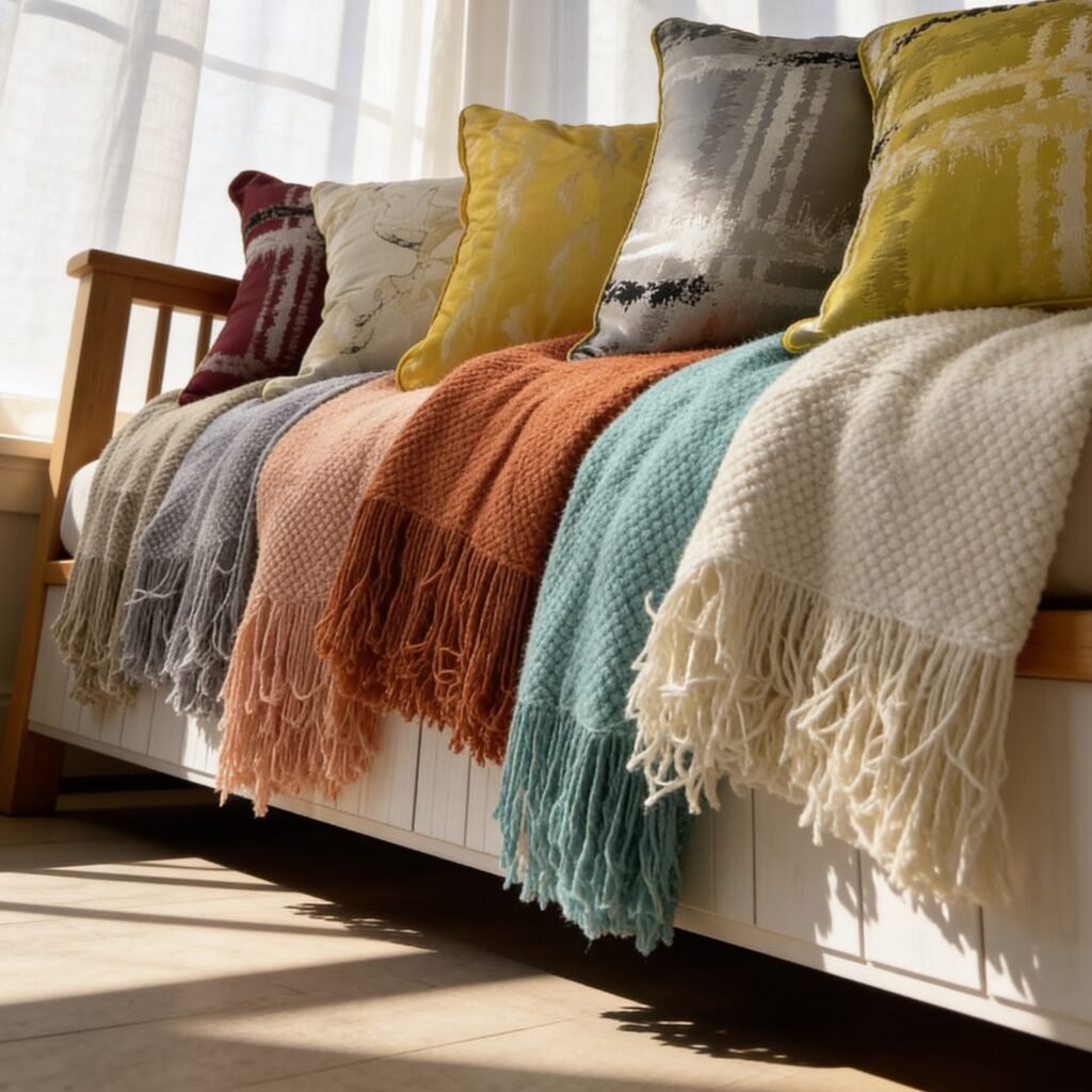 Chunky knit throw blanket on cozy styled bed
