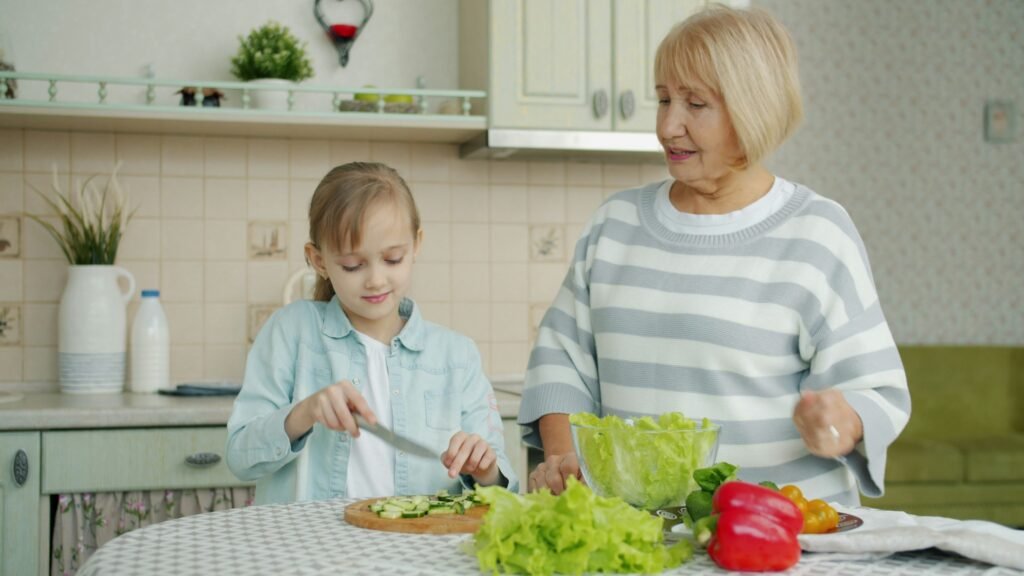 Family enjoying cooking in modern IKEA kitchen warm home interior