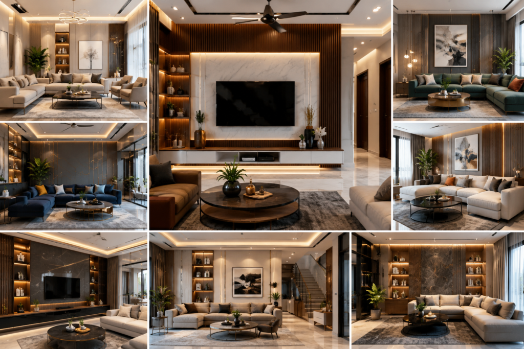 modern interior design for hall with stylish living room and luxury lighting setup