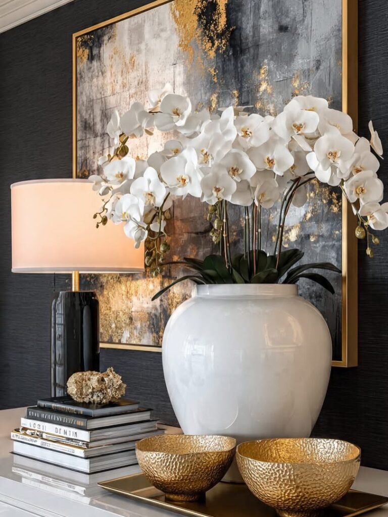Luxe interior design featuring layered textures and rich materials