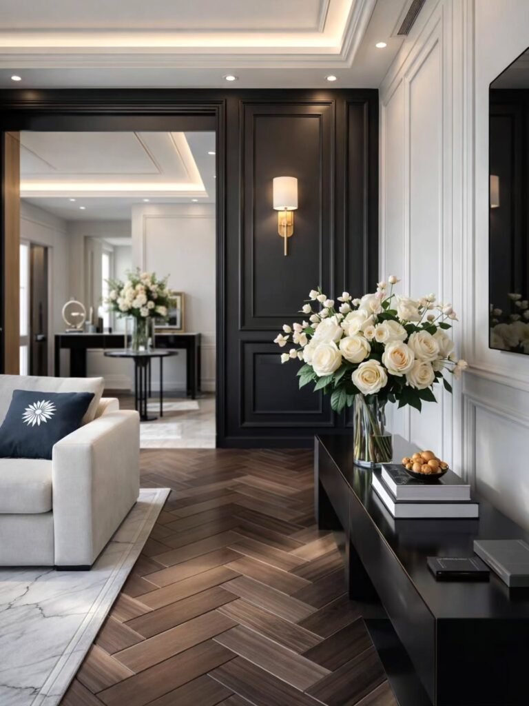 Luxe interior design featuring layered textures and rich materials