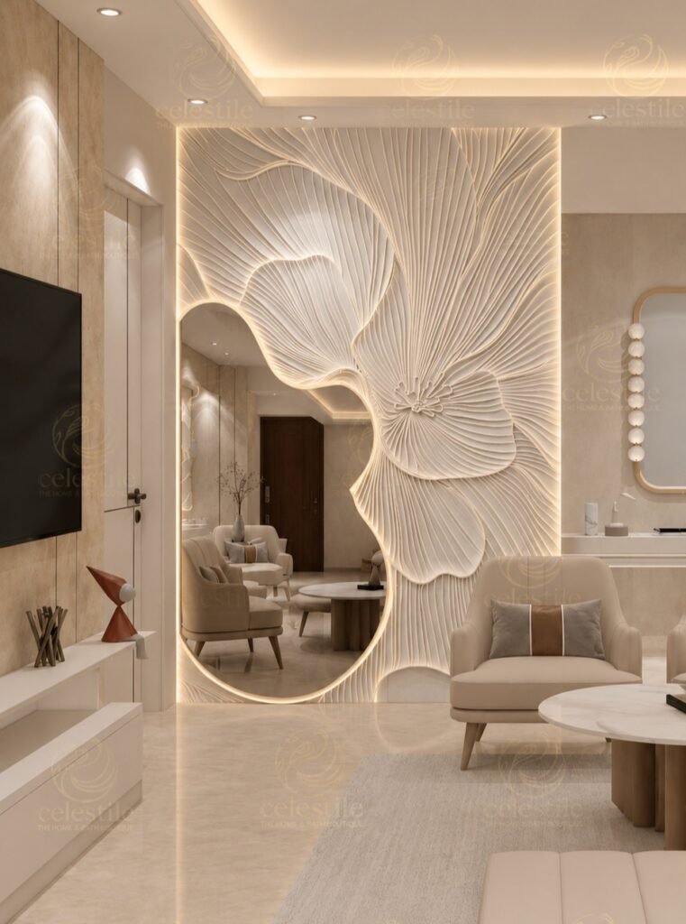 Luxe interior design featuring layered textures and rich materials