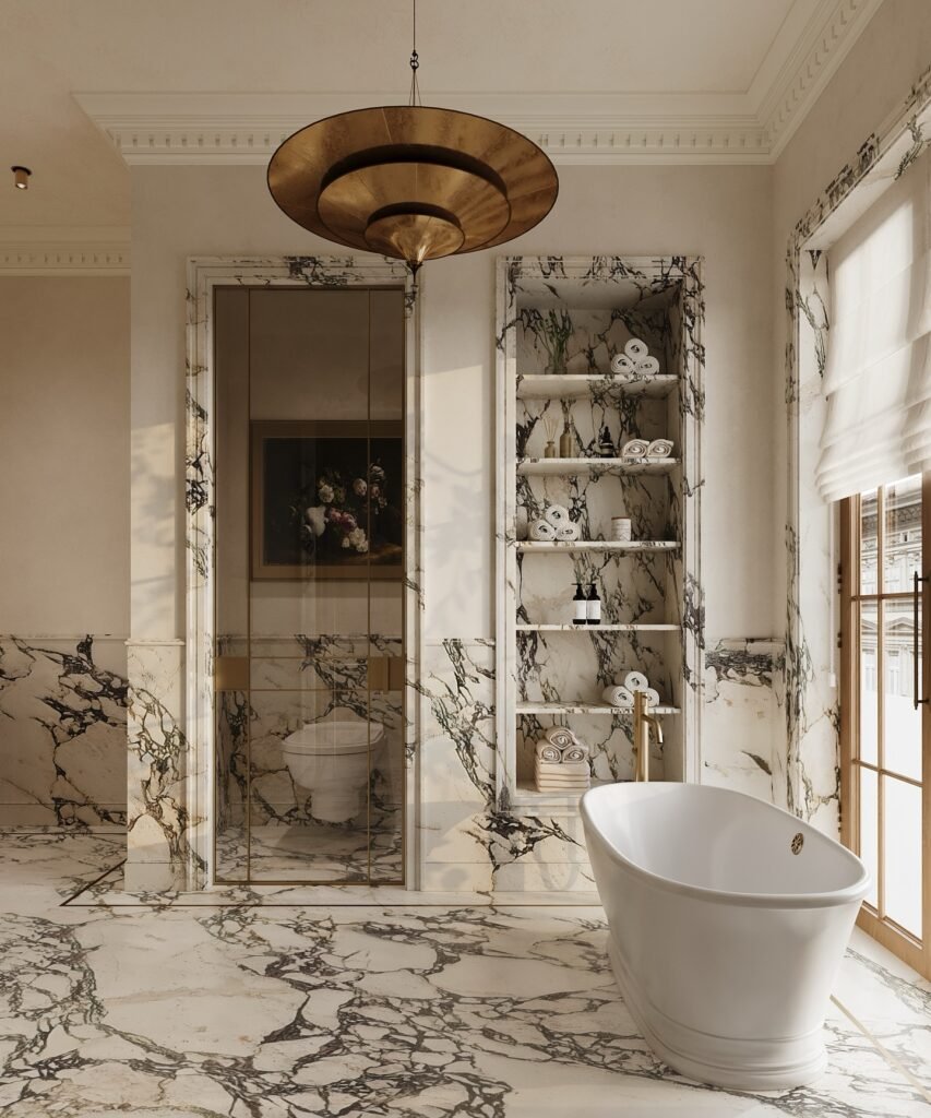 Luxury bathroom interior featuring marble finishes and spa-inspired design
