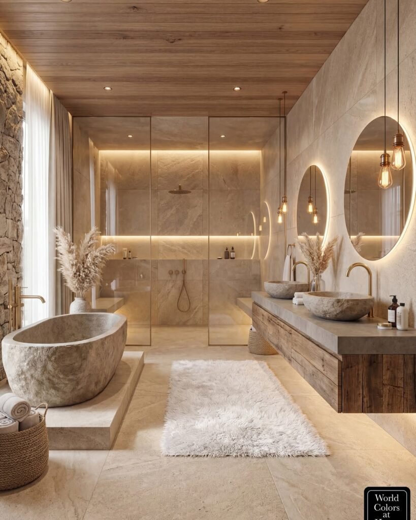 Luxury bathroom interior featuring marble finishes and spa-inspired design