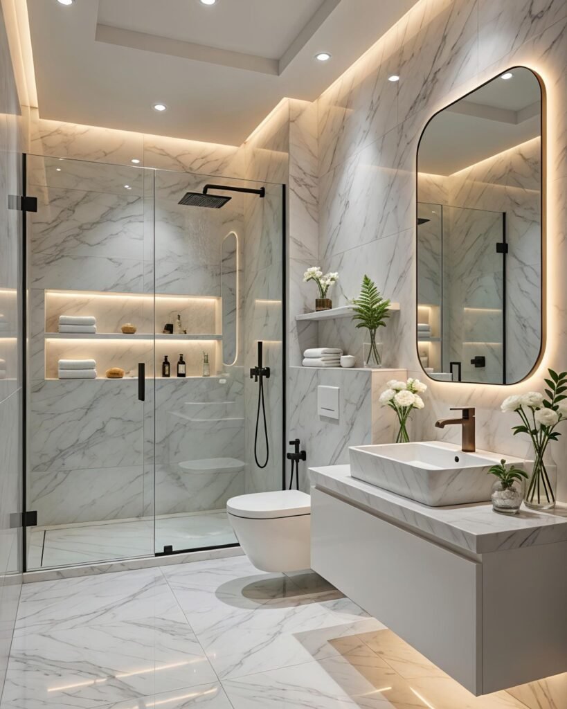 Luxury bathroom interior featuring marble finishes and spa-inspired design