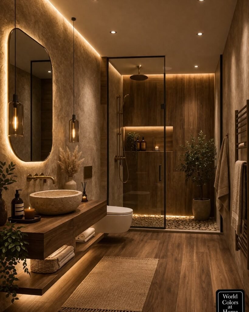 Luxury bathroom interior featuring marble finishes and spa-inspired design