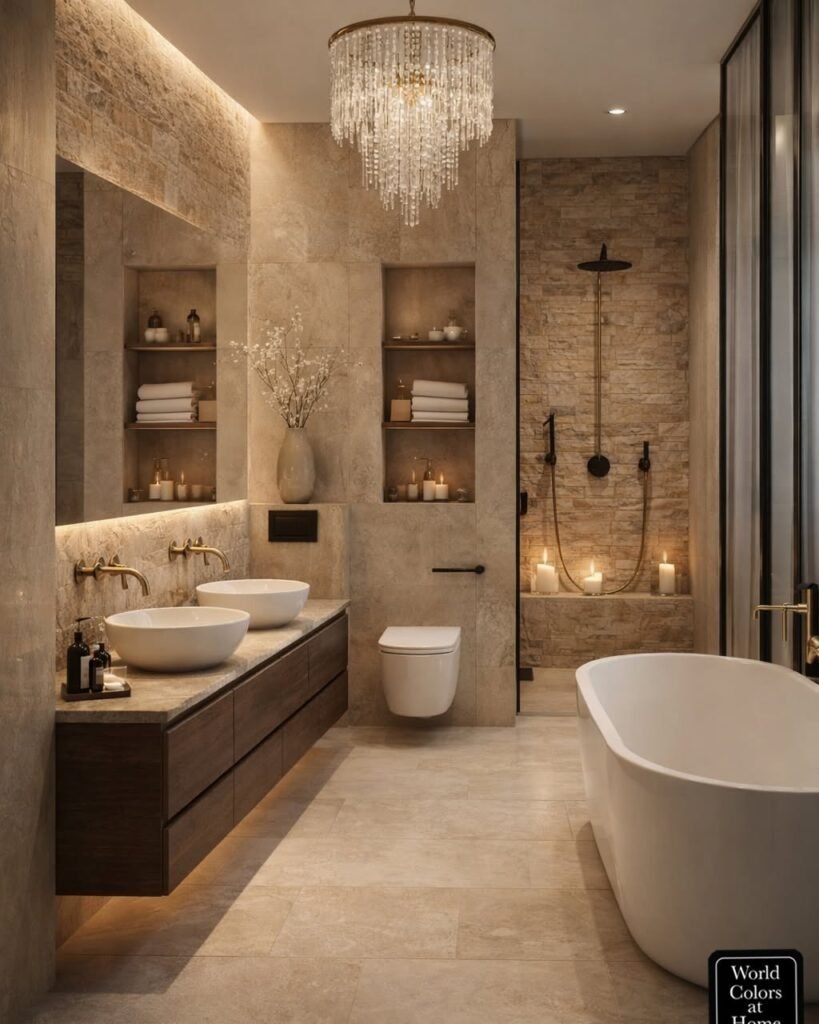 Luxury bathroom interior featuring marble finishes and spa-inspired design