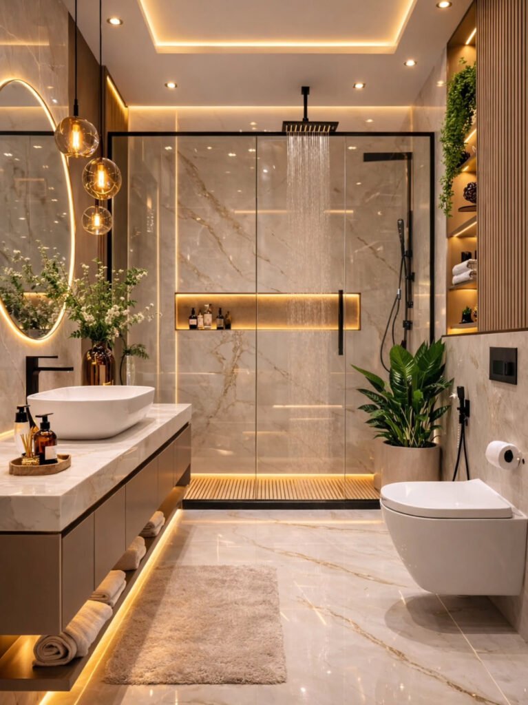 Luxury bathroom interior featuring marble finishes and spa-inspired design