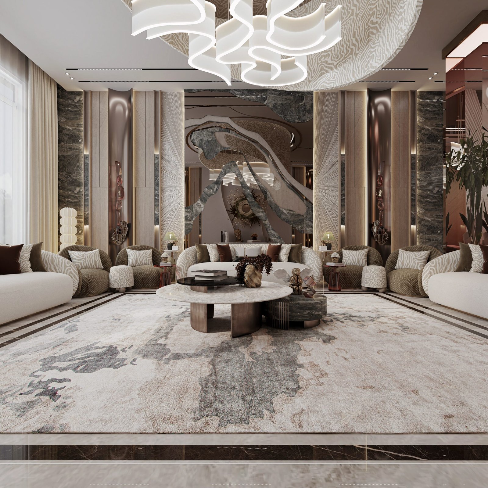 Modern interior living room with neutral colors, luxury furniture and elegant home decor