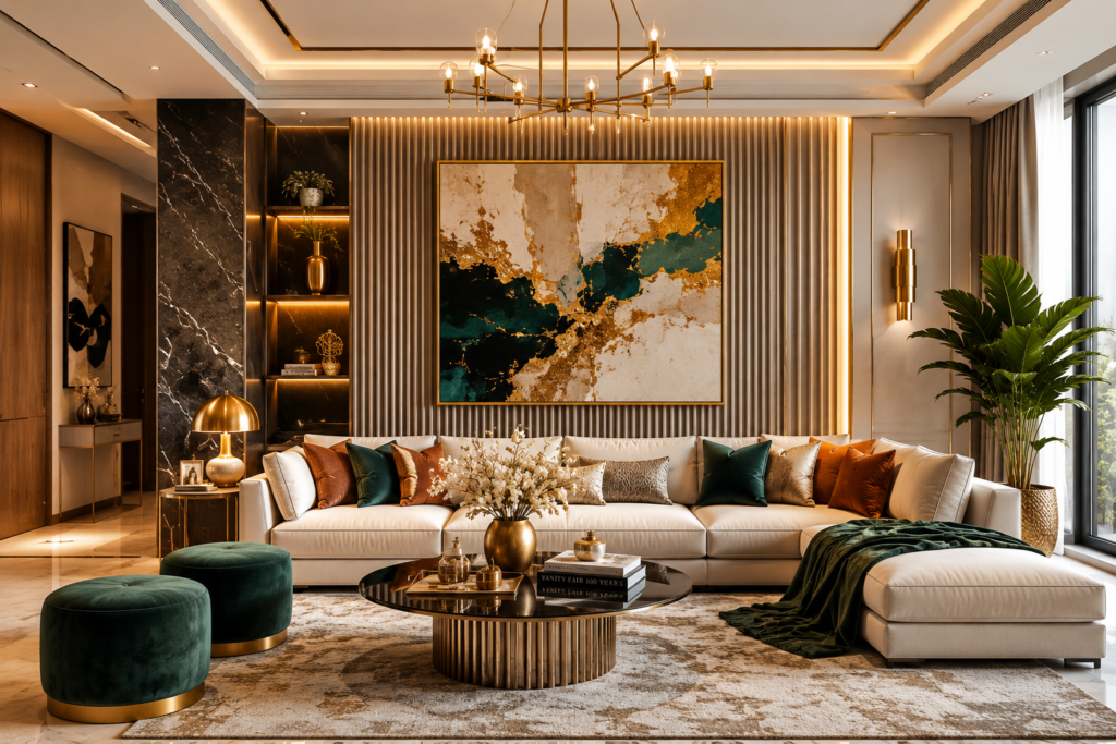 Modern interior living room with neutral colors, luxury furniture and elegant home decor
