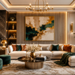 Home Modern interior living room with neutral colors, luxury furniture and elegant home decor