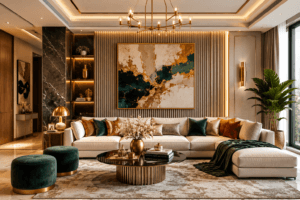 Modern interior living room with neutral colors, luxury furniture and elegant home decor