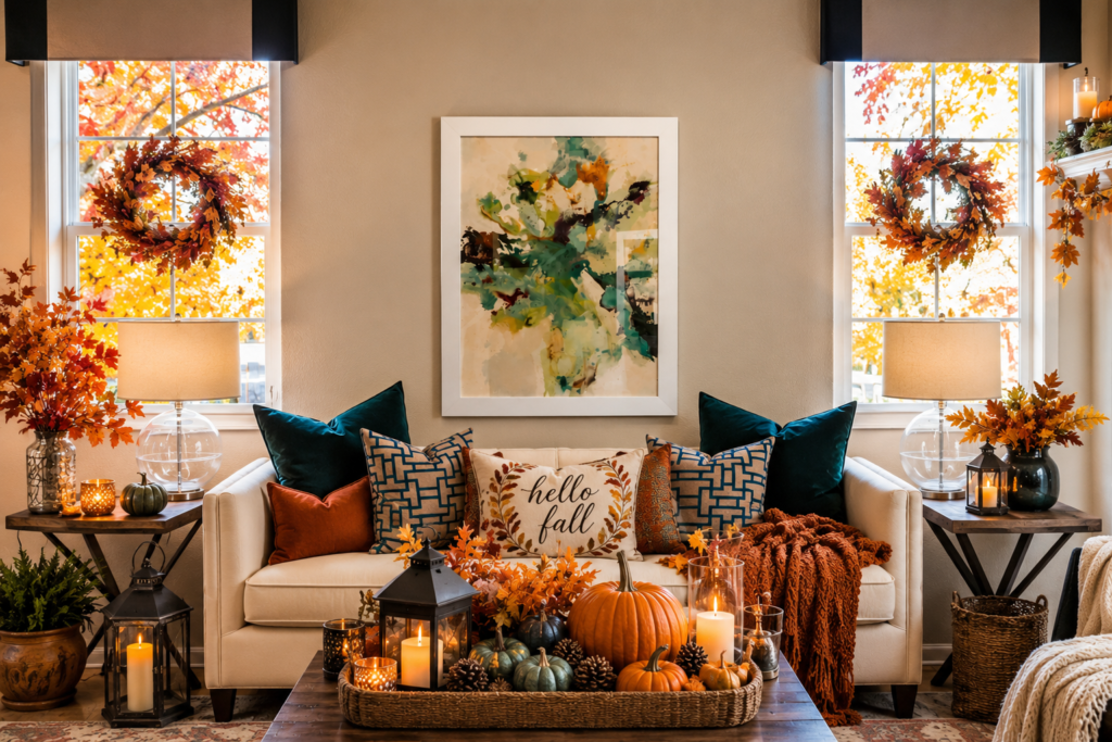 Cozy modern living room decorated for seasonal decorating with warm lighting and neutral tones