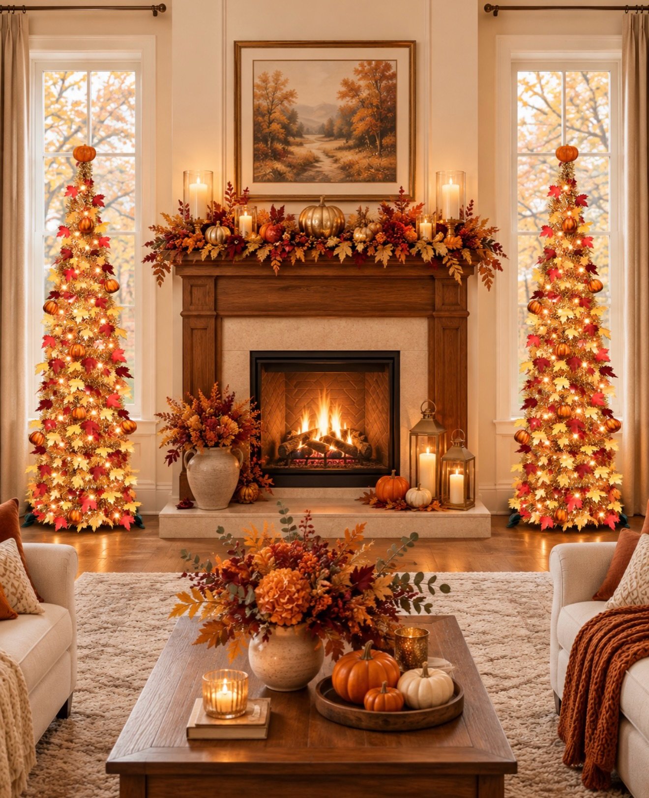 Cozy modern living room decorated for seasonal decorating with warm lighting and neutral tones