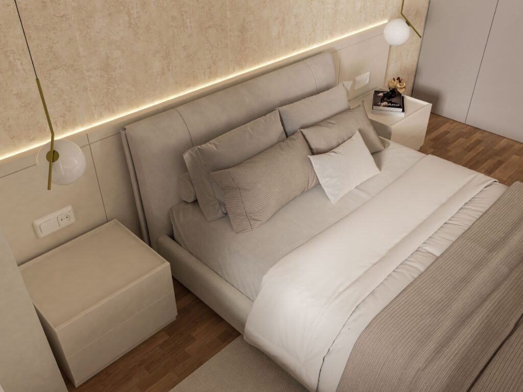 Neutral tone bedroom with beige and cream cozy bedding