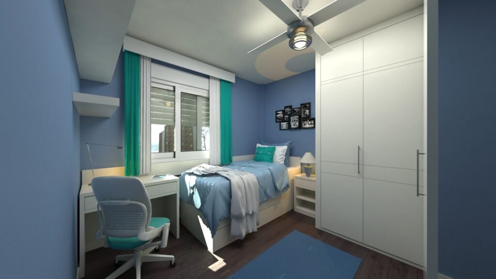 small bedroom space flow movement clear walking area interior design