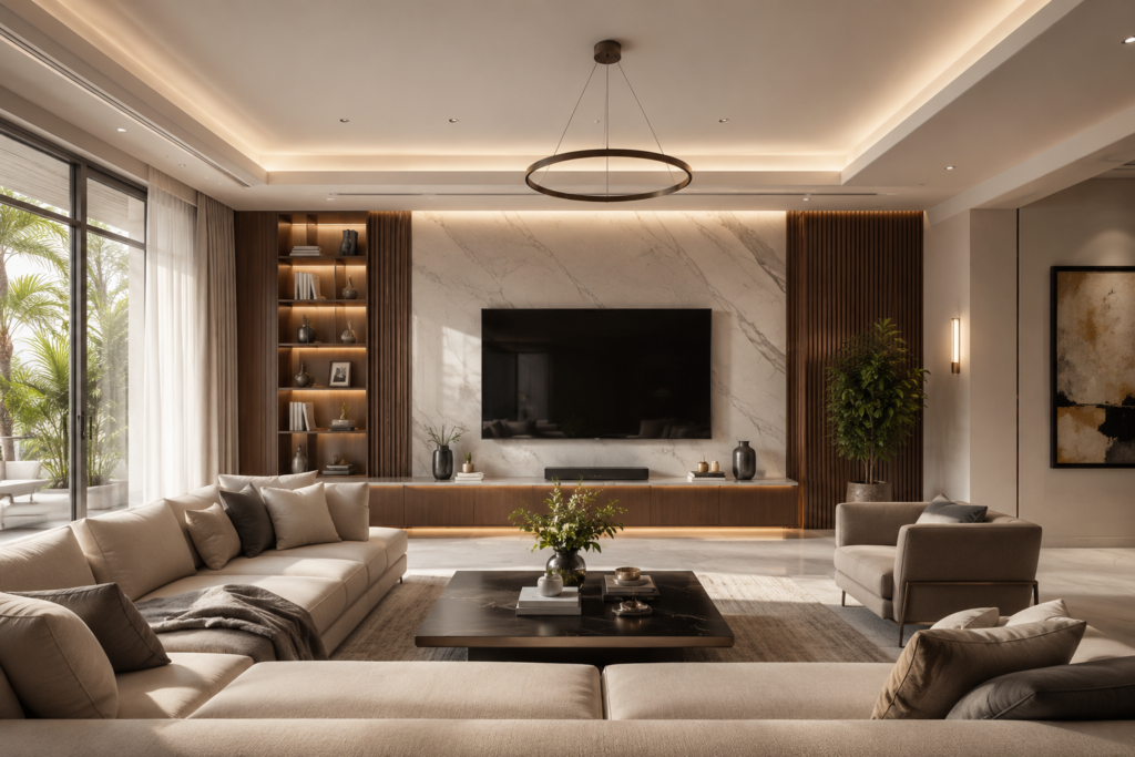 modern interior design for hall with stylish living room and luxury lighting setup
