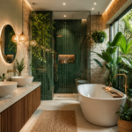 Luxury bathroom aesthetic featuring a tropical spa-inspired design with a freestanding bathtub, modern walk-in shower, natural wood vanity, green plants, and warm lighting.
