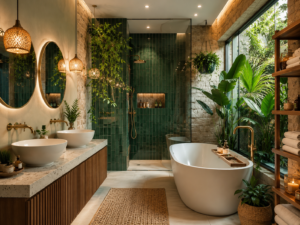 Luxury bathroom aesthetic featuring a tropical spa-inspired design with a freestanding bathtub, modern walk-in shower, natural wood vanity, green plants, and warm lighting.
