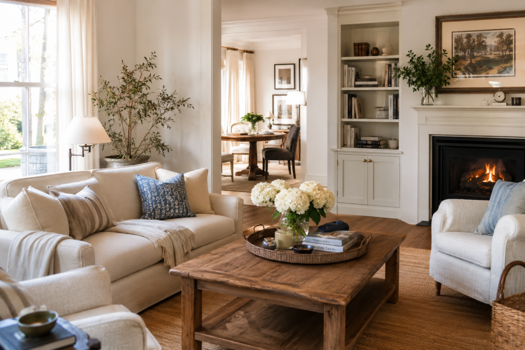 Nancy Meyers Aesthetic featuring a bright and cozy home with timeless decor, warm neutral interiors, elegant furniture, natural light, and classic Nancy Meyers Style inspiration.