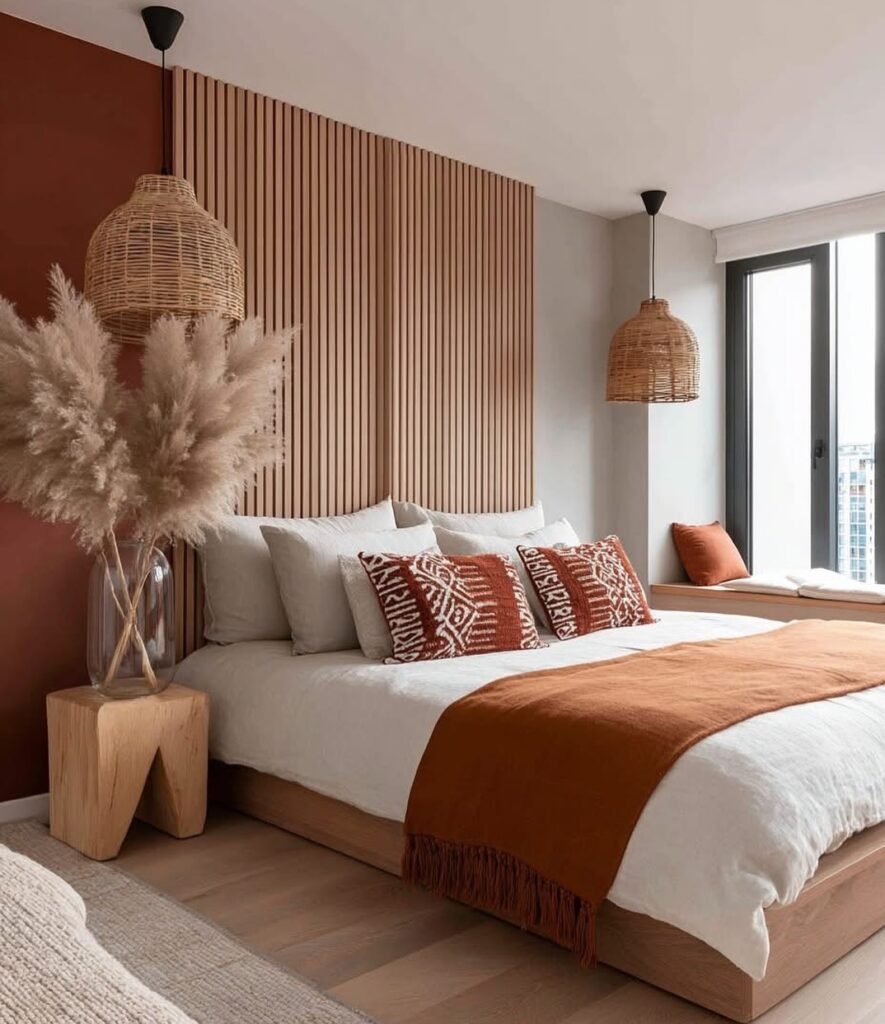 Cozy fall bedroom decor with warm bedding, autumn pillows, soft lighting and seasonal accents