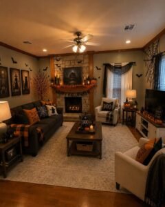 Indoor Halloween decor ideas featuring a stylish spooky living room with pumpkins candles and Halloween decorations