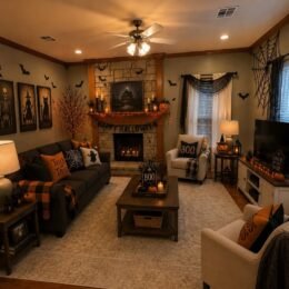 Indoor Halloween decor ideas featuring a stylish spooky living room with pumpkins candles and Halloween decorations