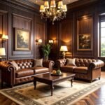 Ralph Lauren home decor with brown leather sofas and dark wood interiors