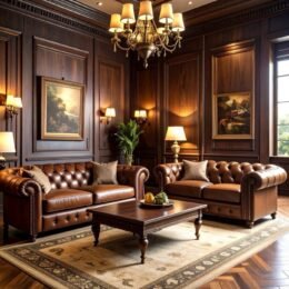 Ralph Lauren home decor with brown leather sofas and dark wood interiors