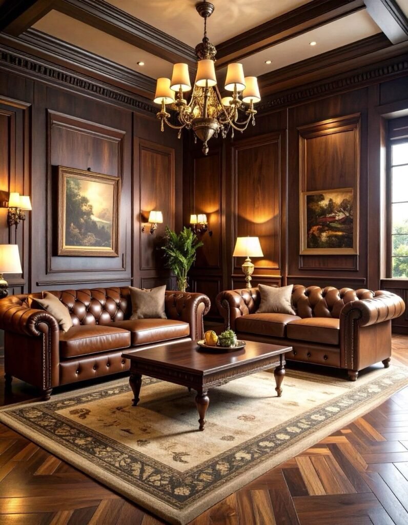 Ralph Lauren home decor with brown leather sofas and dark wood interiors