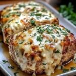 Garlic Parmesan Chicken Meatloaf topped with melted mozzarella