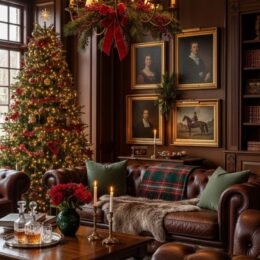 Ralph Lauren Christmas decor with a cozy traditional living room and Christmas tree