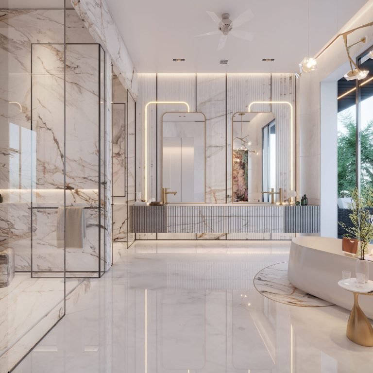 Luxury modern bathroom interior with clean white design and soft lighting