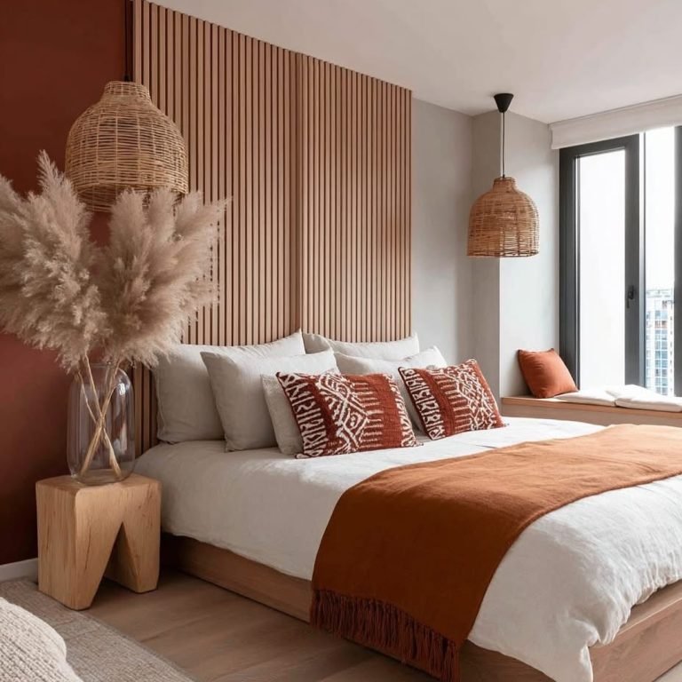 Cozy fall bedroom decor with warm bedding, autumn pillows, soft lighting and seasonal accents
