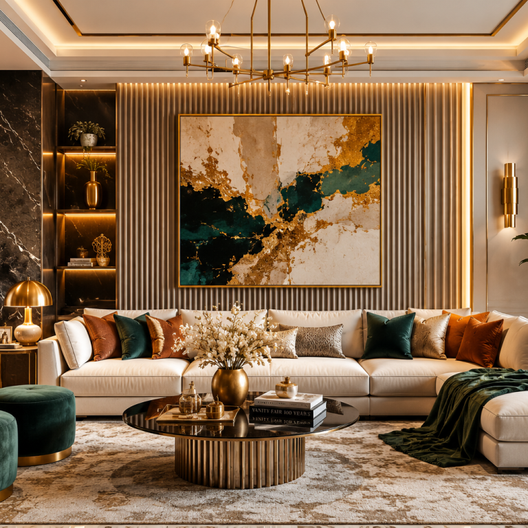 Modern interior living room with neutral colors, luxury furniture and elegant home decor