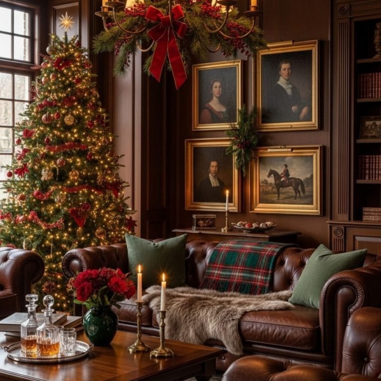 Ralph Lauren Christmas decor with a cozy traditional living room and Christmas tree