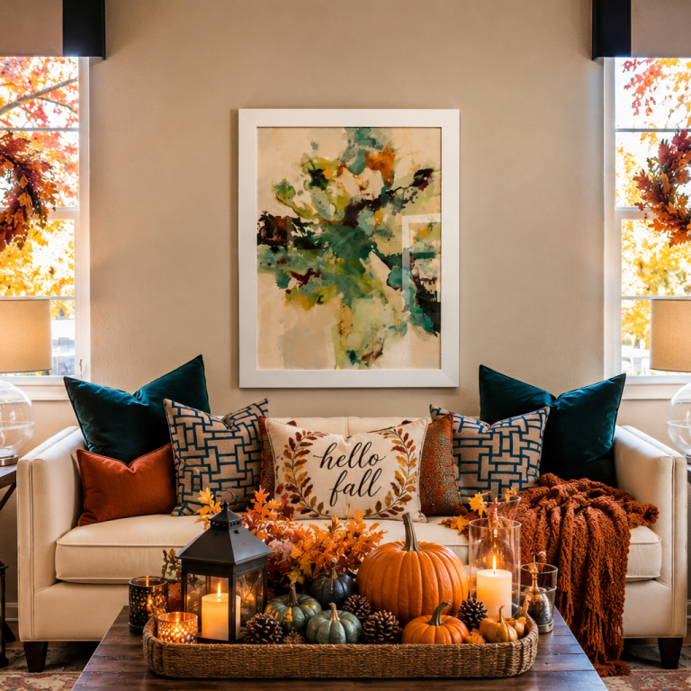 Cozy modern living room decorated for seasonal decorating with warm lighting and neutral tones