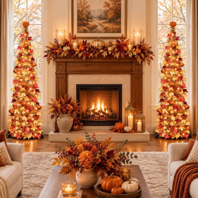 Cozy modern living room decorated for seasonal decorating with warm lighting and neutral tones