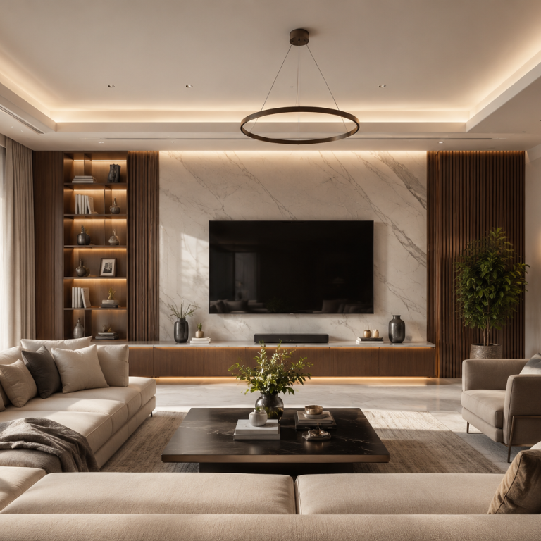 modern interior design for hall with stylish living room and luxury lighting setup